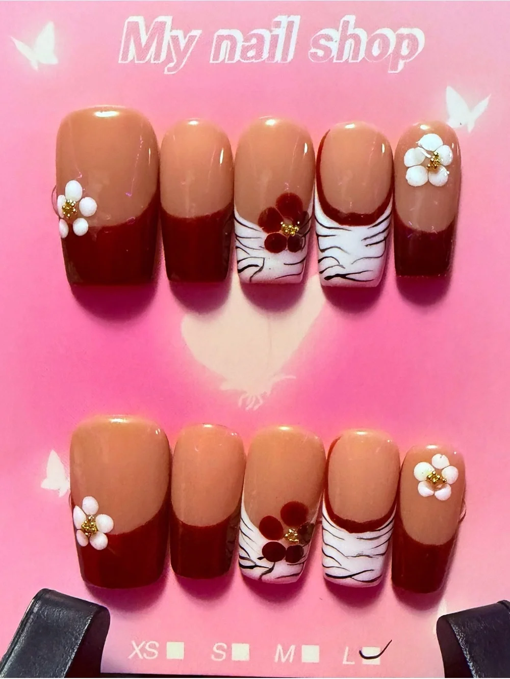 Brown & Burgundy Floral Zebra Accent Press-On Nails